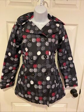 London Fog Girls' Black Hooded Raincoat with Red, White & Gray Polka Dots